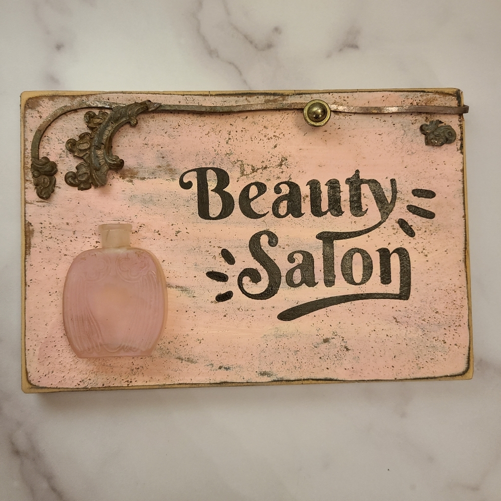 Hand painted decorative sign. Upcycled charm. Antique bottle and bits.